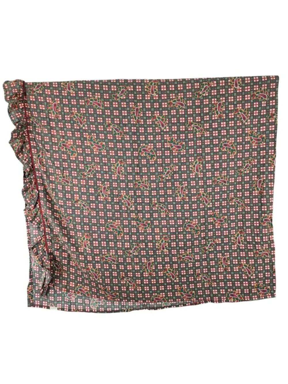 Vintage Hunter Green Maroon Red Ruffle Flat Sheet Full 78x80 Paisley Check Plaid